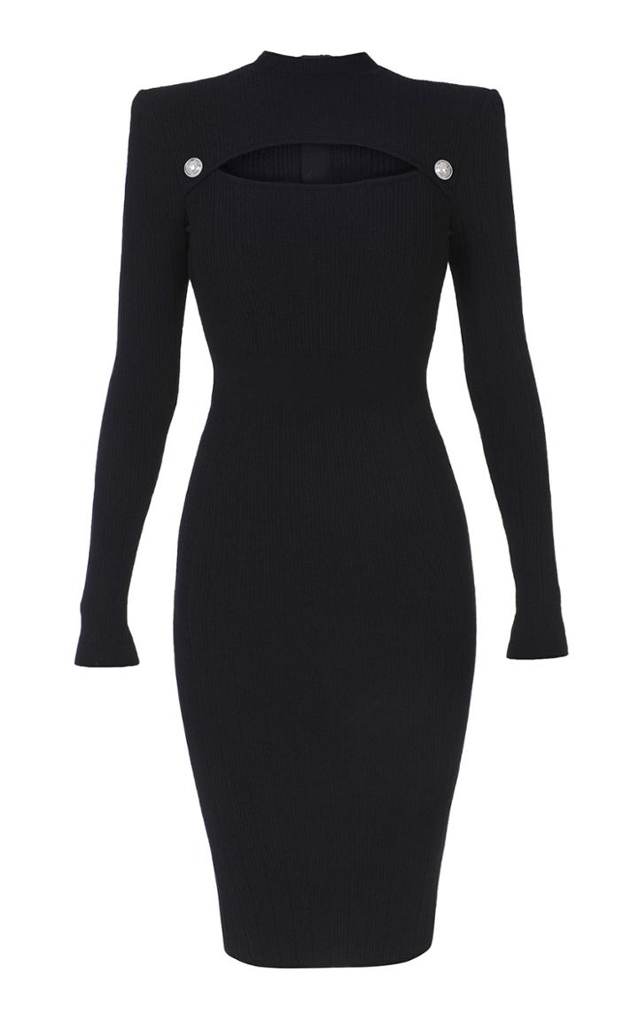 Balmain Long Sleeve Cutout Knit Mock Neck Midi Dress