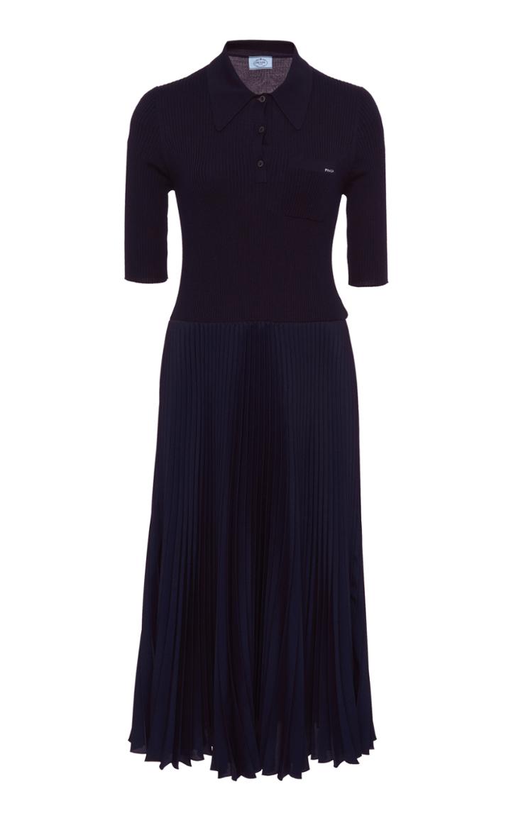 Prada Ribbed-knit And Pliss Midi Dress