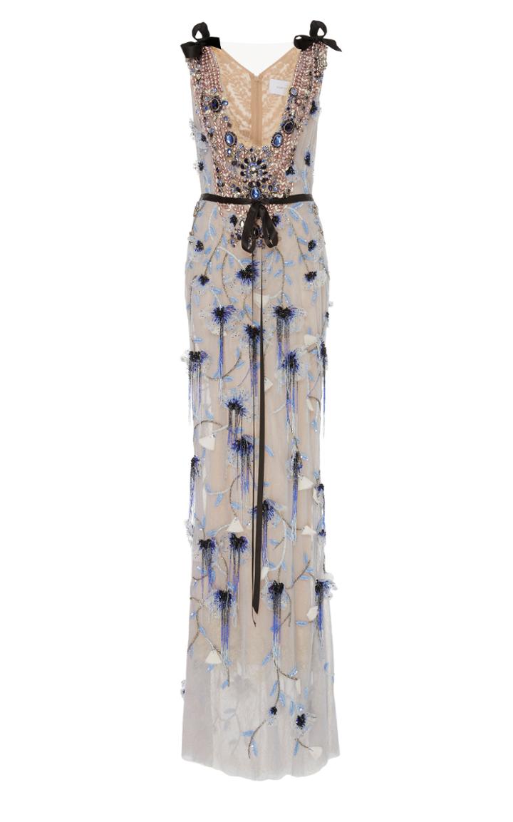 Marchesa Plunging Neckline Embroidered Gown