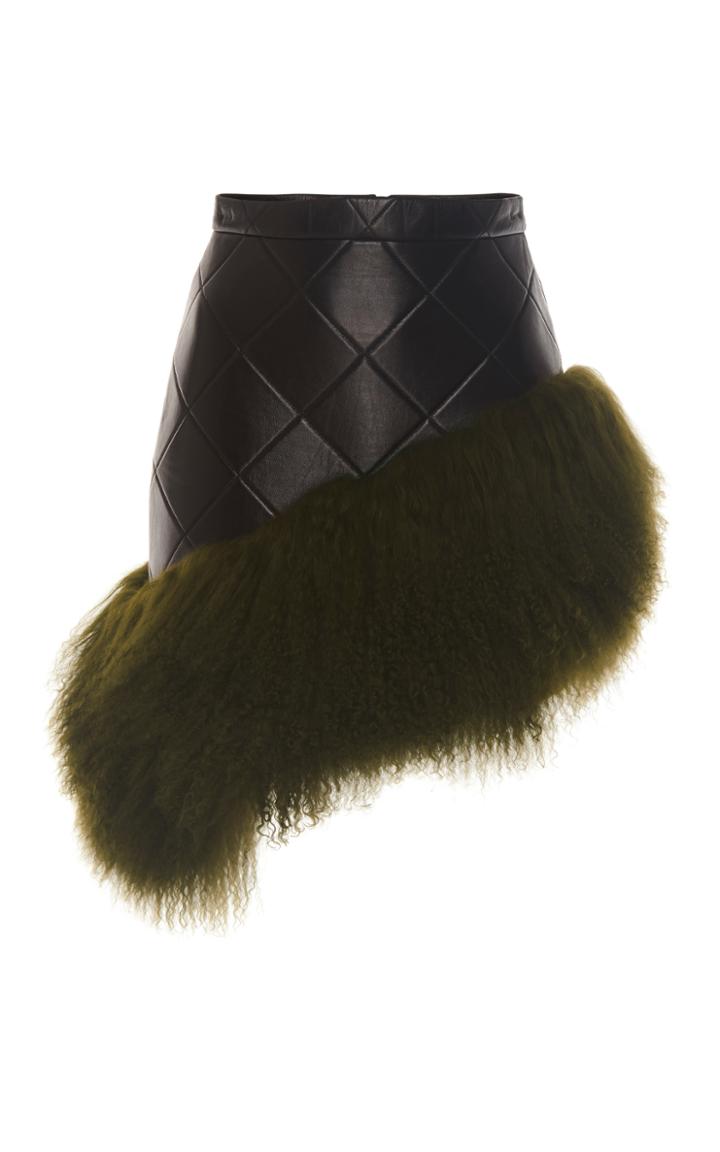 David Koma Mongolian Fur Hem Leather Skirt