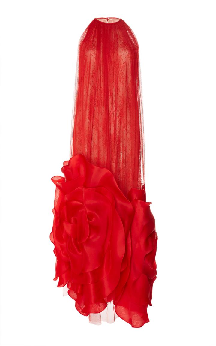 Costarellos Halter Neck Sheer Chiffon Tulle Cape Dress