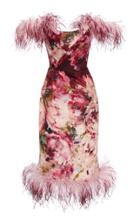 Marchesa Feather-trimmed Floral Print Silk Dress