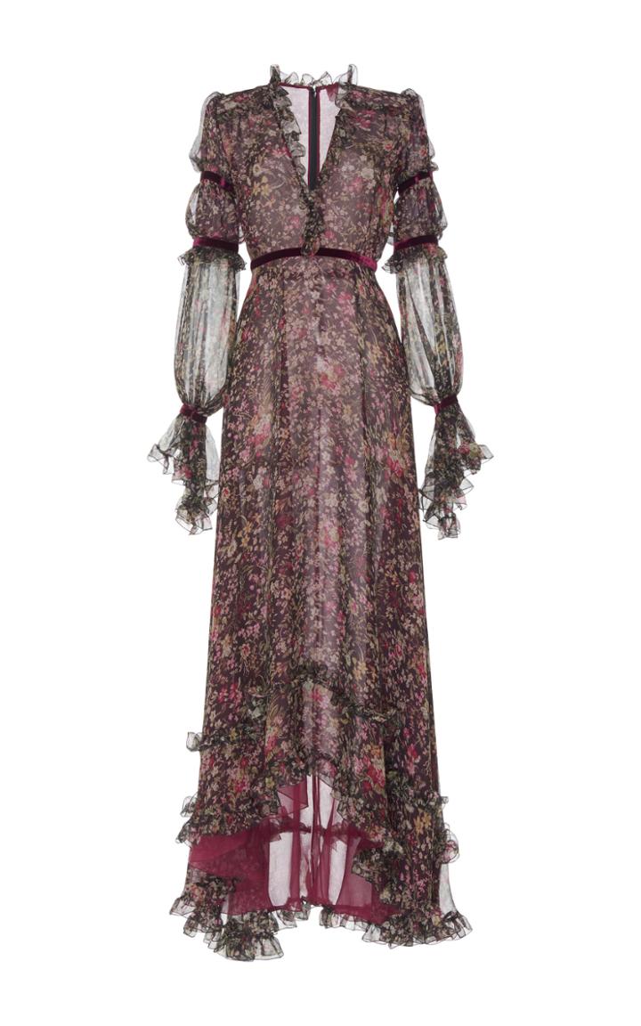Luisa Beccaria Printed Chiffon Crepe Long Sleeve Dress