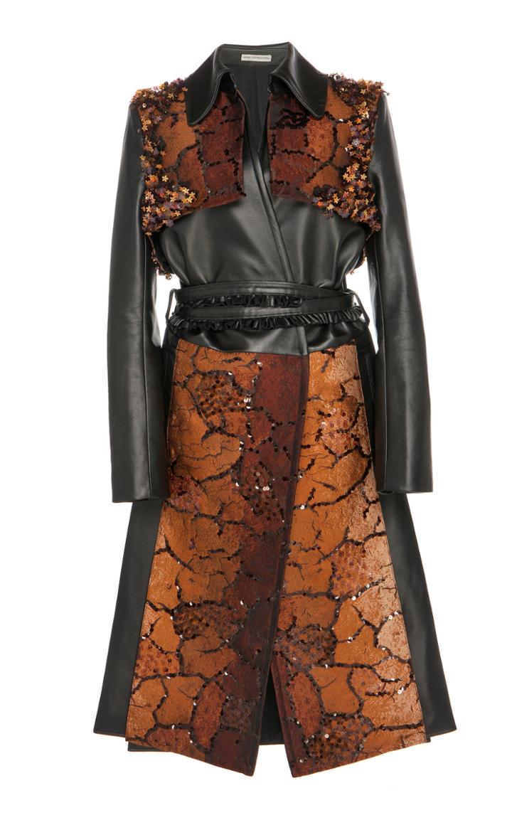 Mary Katrantzou Leather-trimmed Sequined Foil Trench Coat