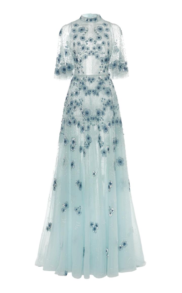 Zuhair Murad Blossom Embroidered Flutter Sleeve Gown