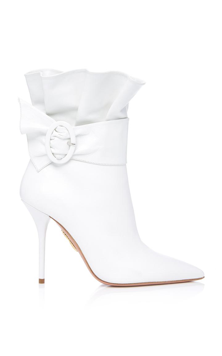 Aquazzura Palace Ruffled White Leather Ankle Boots