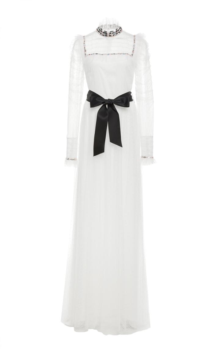 Monique Lhuillier Silk Point D'esprit Ruffle Bib Gown