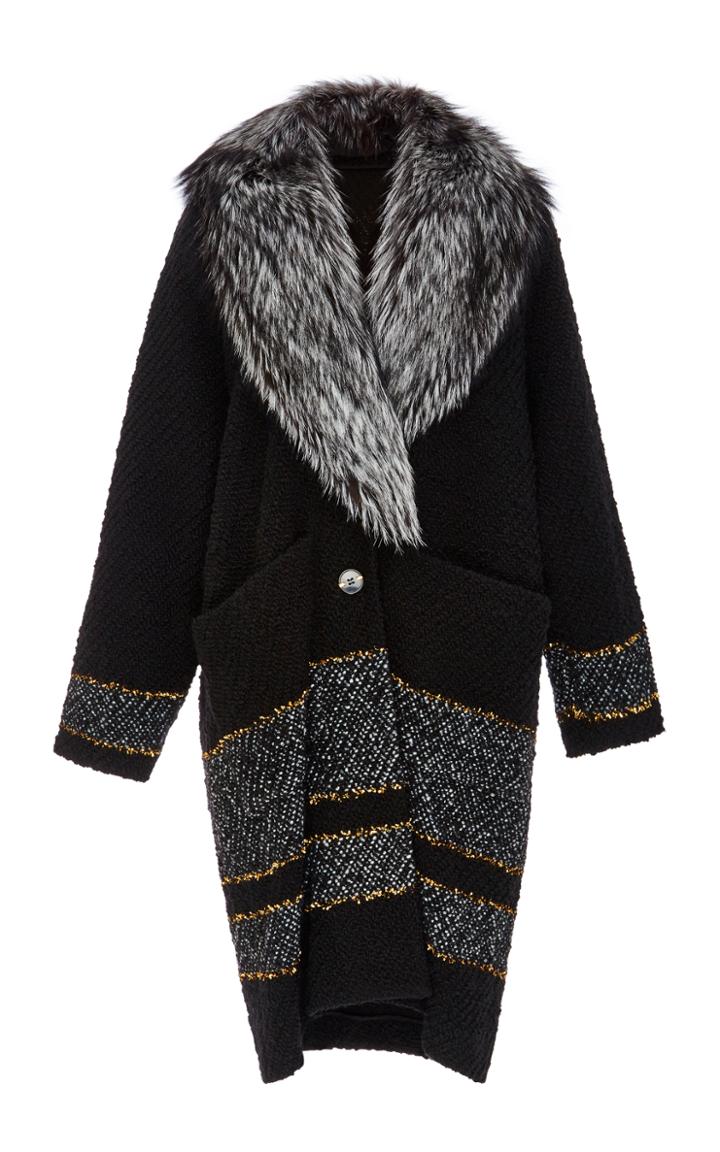 Suno Gold Striped Boucle Coat With Fox Fur Collar
