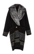 Suno Gold Striped Boucle Coat With Fox Fur Collar