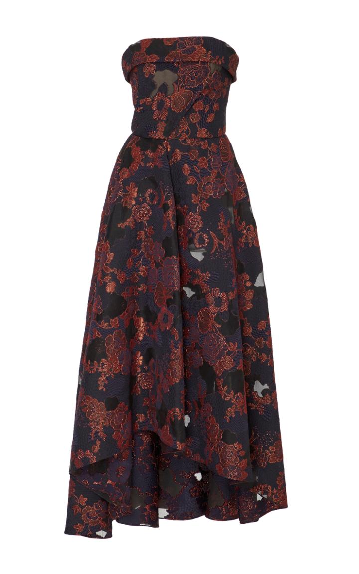 Monique Lhuillier Strapless Embroidered Midi Dress