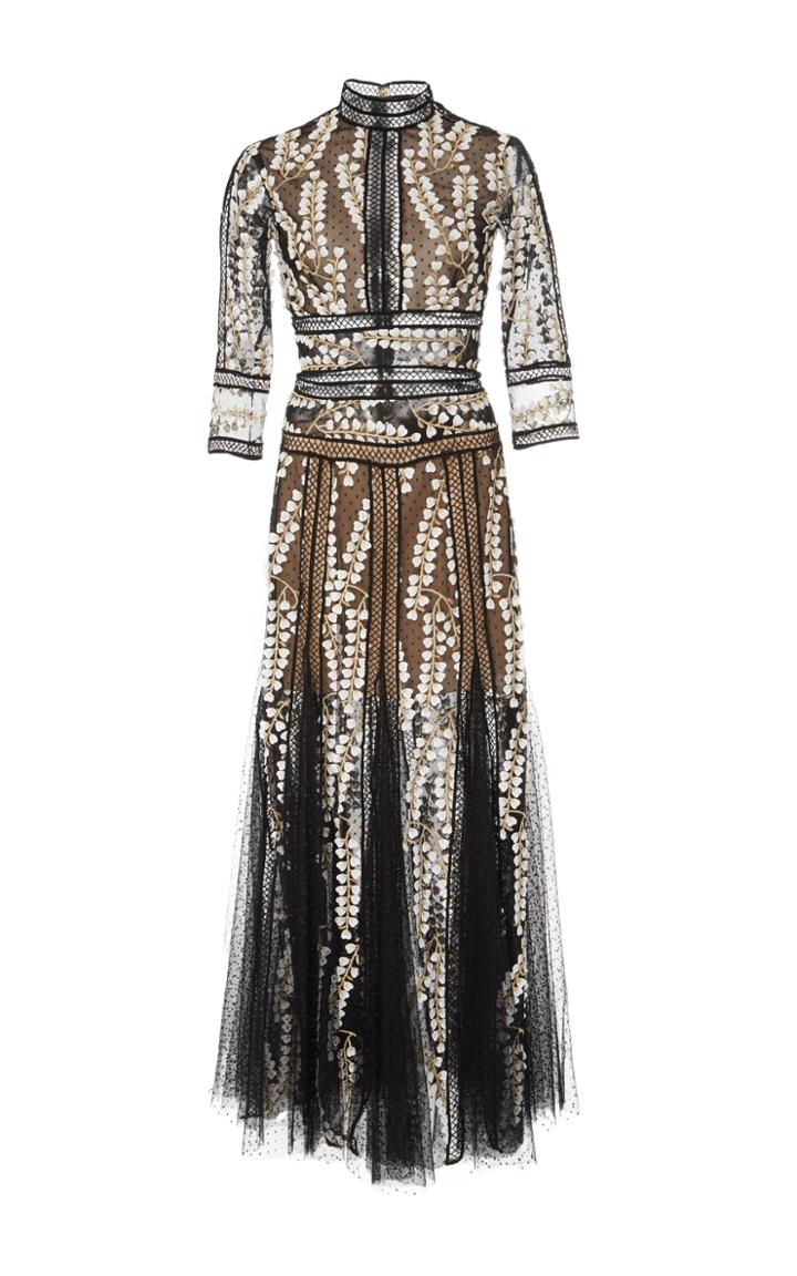 Costarellos Embroidered Tulle Mock Neck Dress