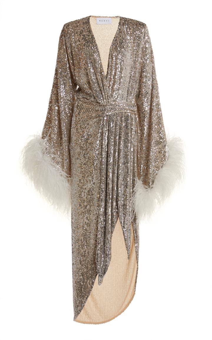 Moda Operandi Nervi Donna Feather-trimmed Sequined Wrap Dress