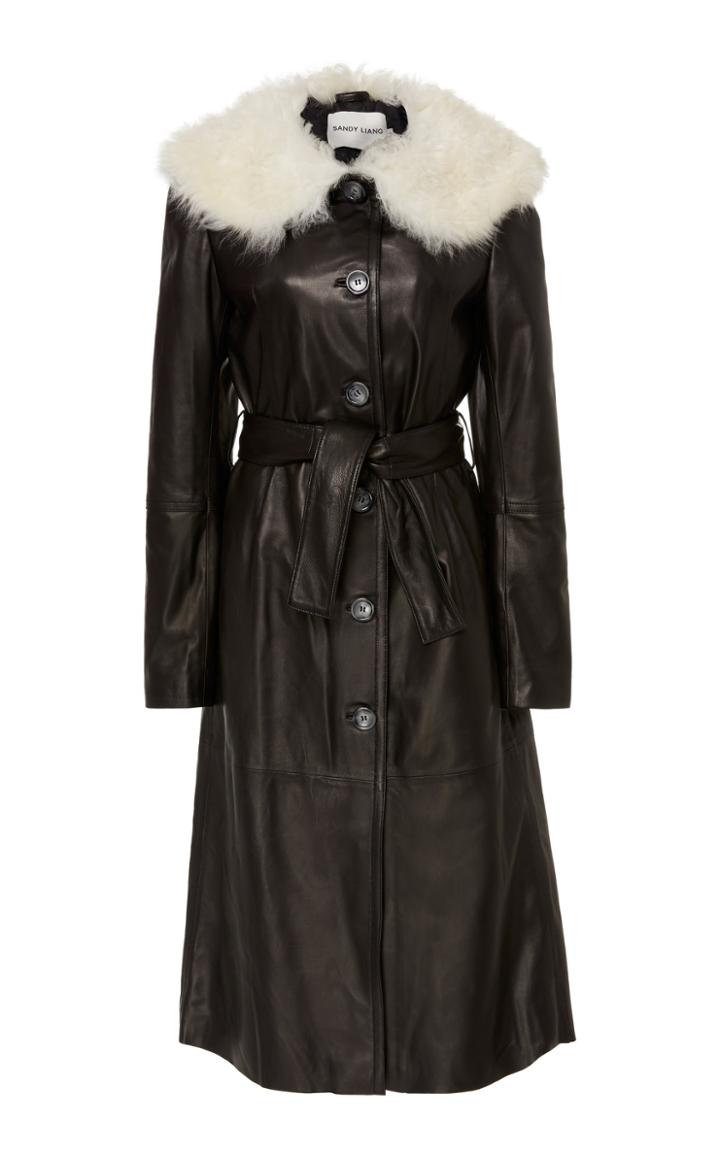 Sandy Liang Boose Belted Shearling-trimmed Leather Coat
