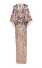 Pamella Roland Crystal Caped Ostrich Feather Sequined Gown