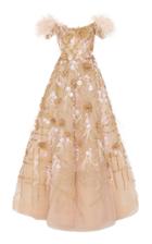 Marchesa Off Shoulder Ostrich Feather Embroidered Ball Gown