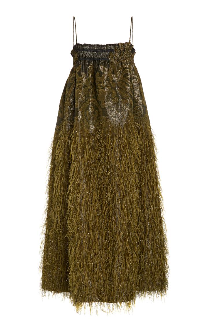 Ganni Feather-embellished Jacquard Midi Dress