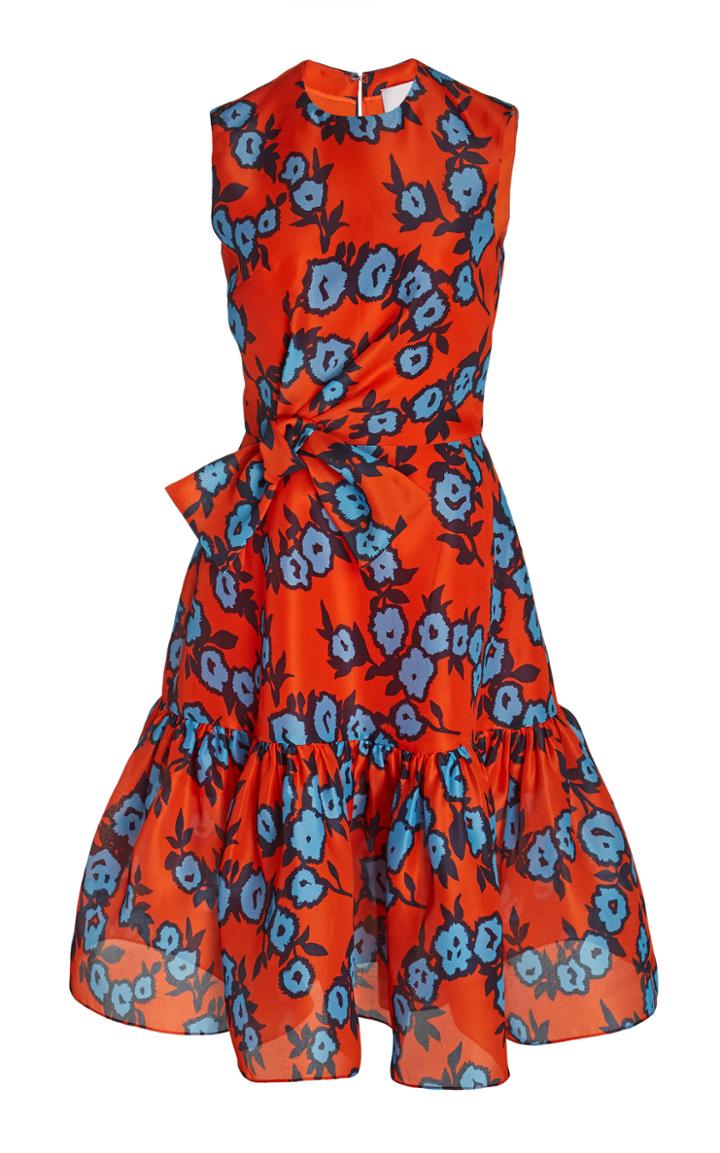 Carolina Herrera Floral Printed Silk Satin Sleeveless Dress