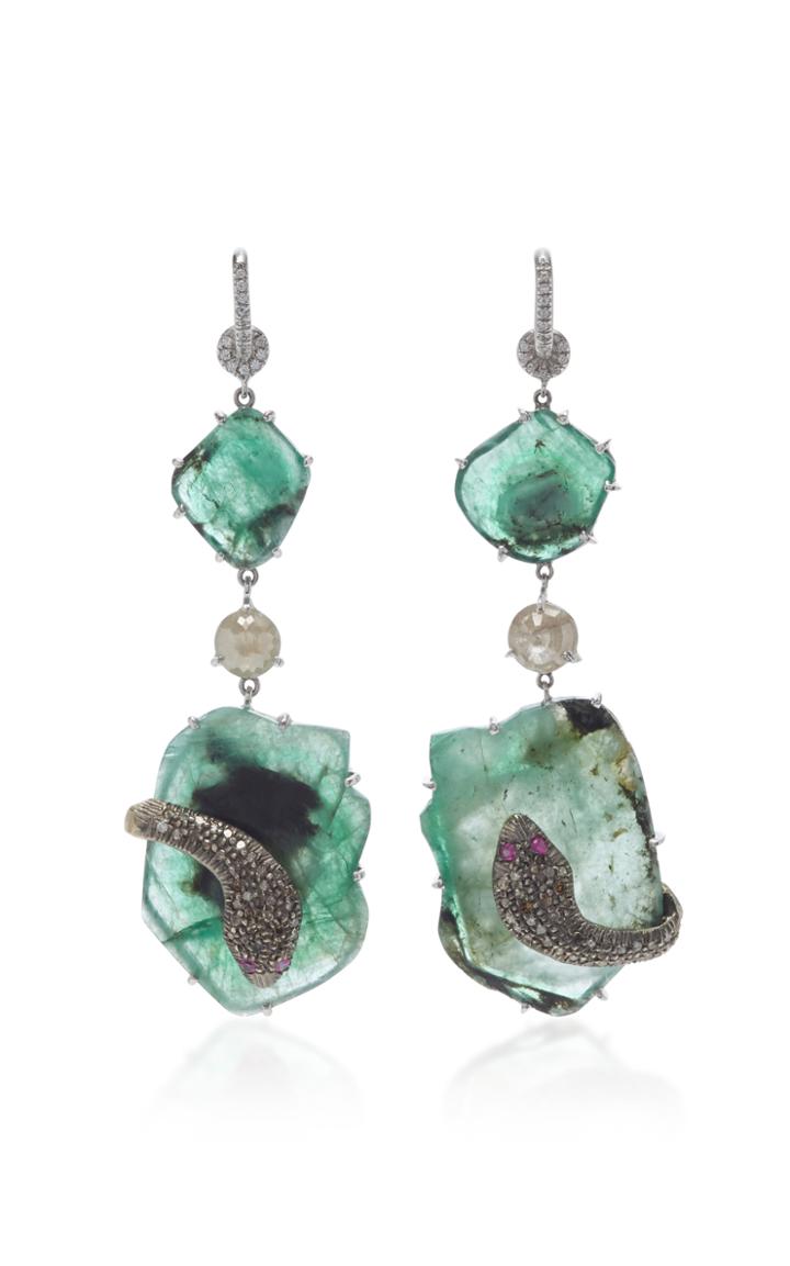 Nina Runsdorf 18k White Gold Emerald And Diamond Earrings