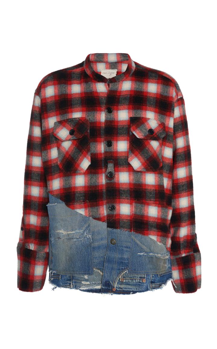 Greg Lauren 50/50 Denim-paneled Plaid Wool Shirt