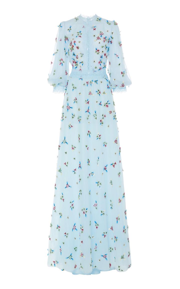 Costarellos Bishop Sleeve Embellished Tulle Overlay Gown