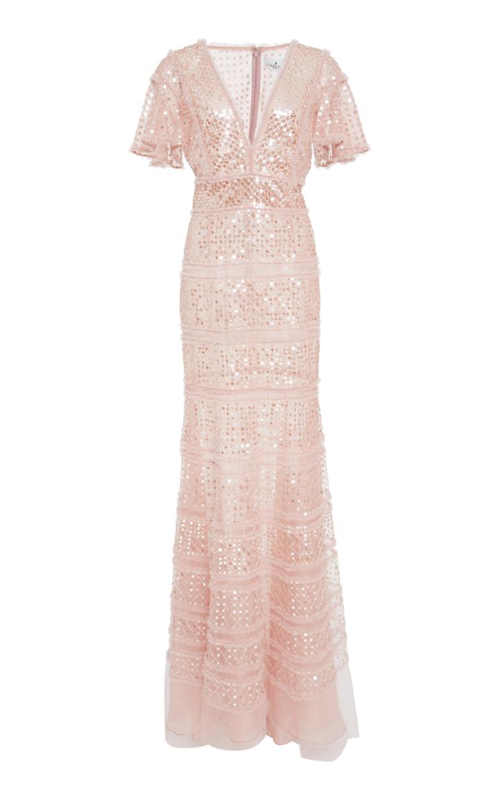 J. Mendel Embroidered Gown With Flutter Sleeve