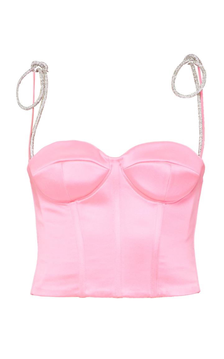 Moda Operandi Mach & Mach Pink Satin Corset With Crystal Bow Straps