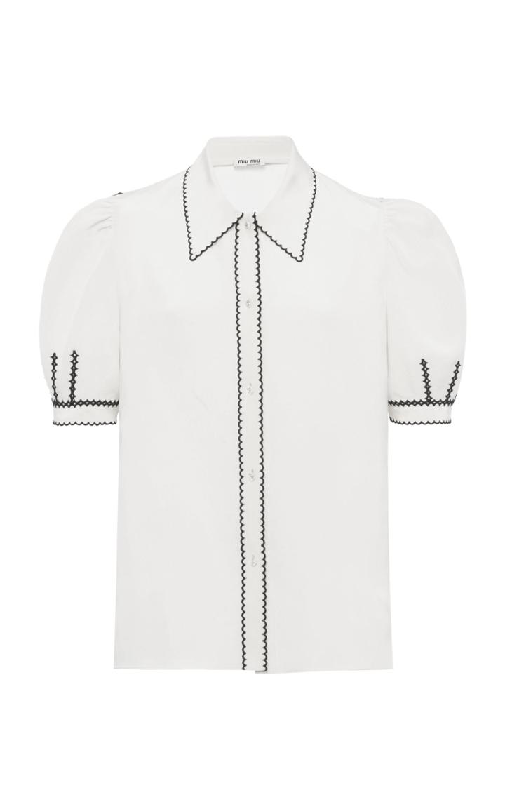 Miu Miu Embroidered Crepe De Chine Puff-sleeve Top
