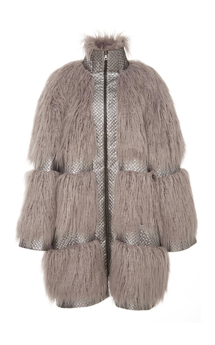 Christian Siriano Embossed Trimmed Faux Fur Coat