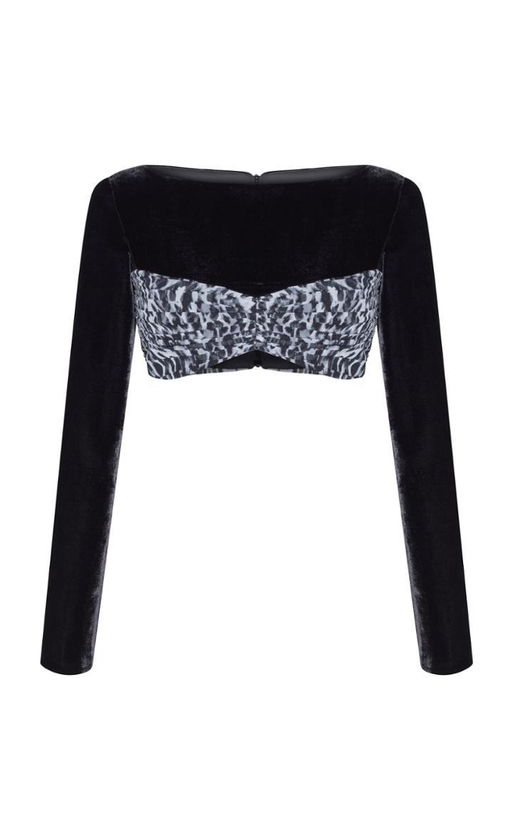 Rasario Long Sleeve Velvet And Leopard Print Chiffon Crop Top