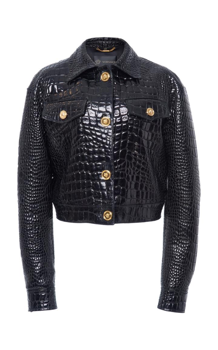 Versace Embossed Cropped Leather Jacket