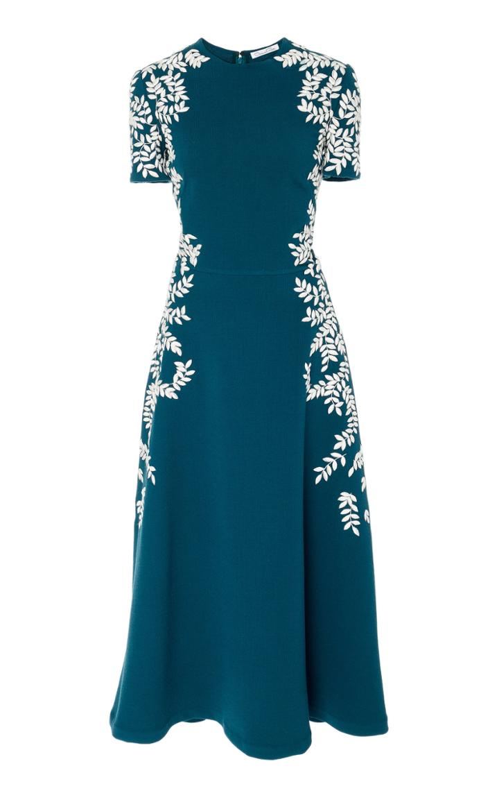 Oscar De La Renta Short Sleeve Embroidered Spruce Midi Dress