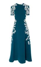 Oscar De La Renta Short Sleeve Embroidered Spruce Midi Dress