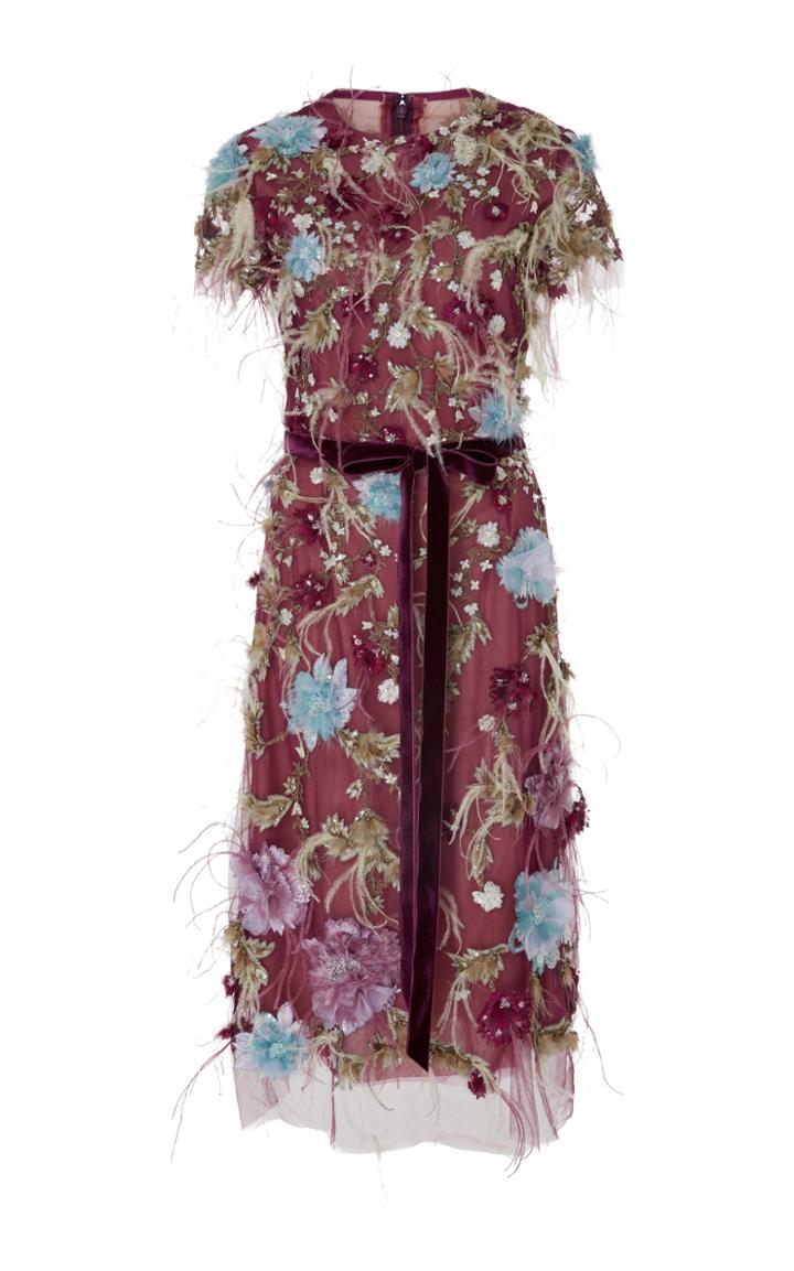 Marchesa Feather Embroidered Cap Sleeve Dress