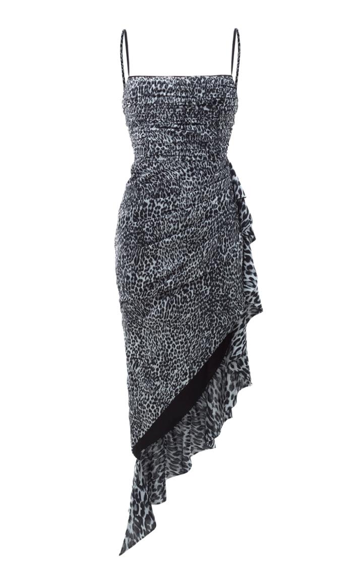 Rasario Draped Leopard Print Chiffon Midi Dress
