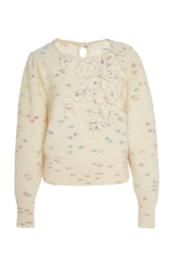 Loveshackfancy Claudette Printed Floral-appliqued Knit Sweater