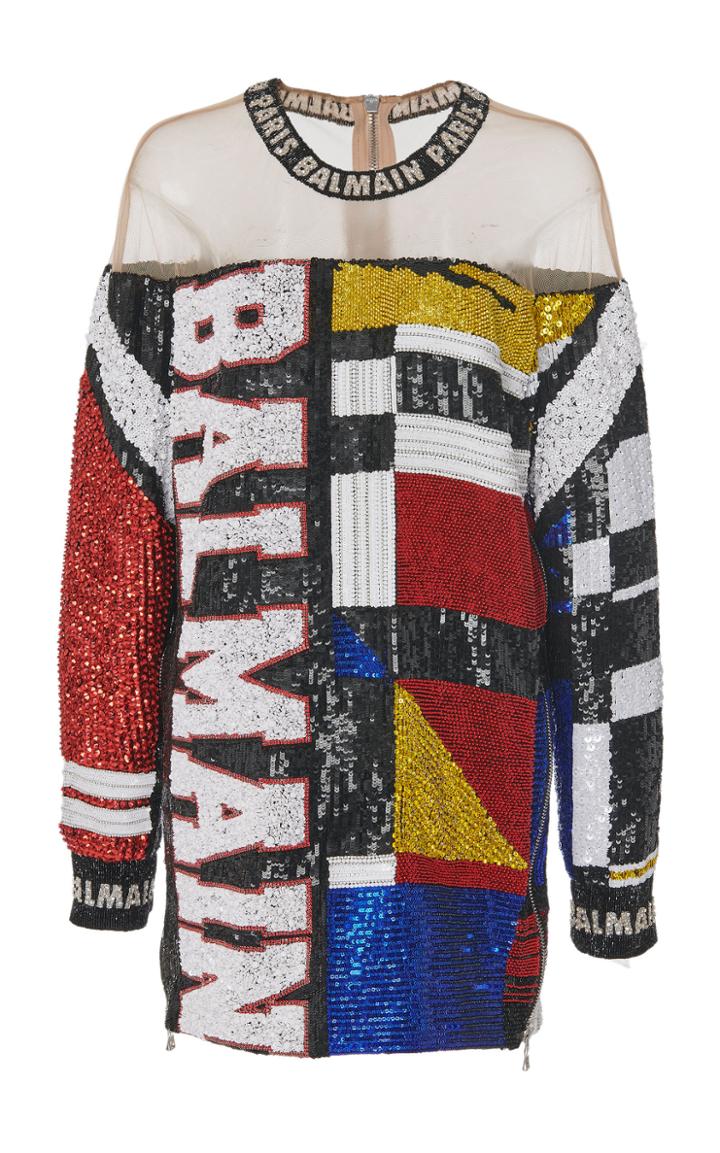 Balmain Sheer Shoulder Logo Mini Dress