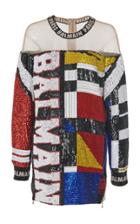Balmain Sheer Shoulder Logo Mini Dress