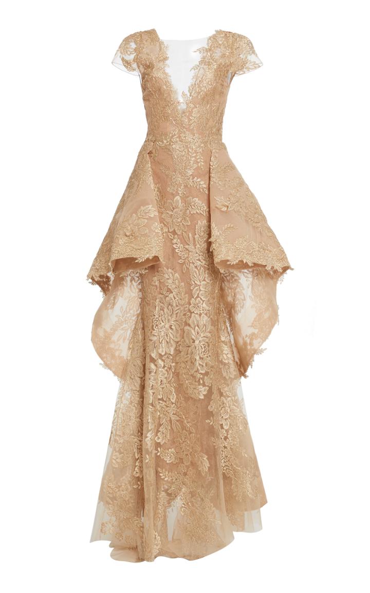 Marchesa Metallic Lace Sculpture Gown