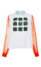 Delpozo Embroidered Organza Sleeve Cotton Poplin Shirt