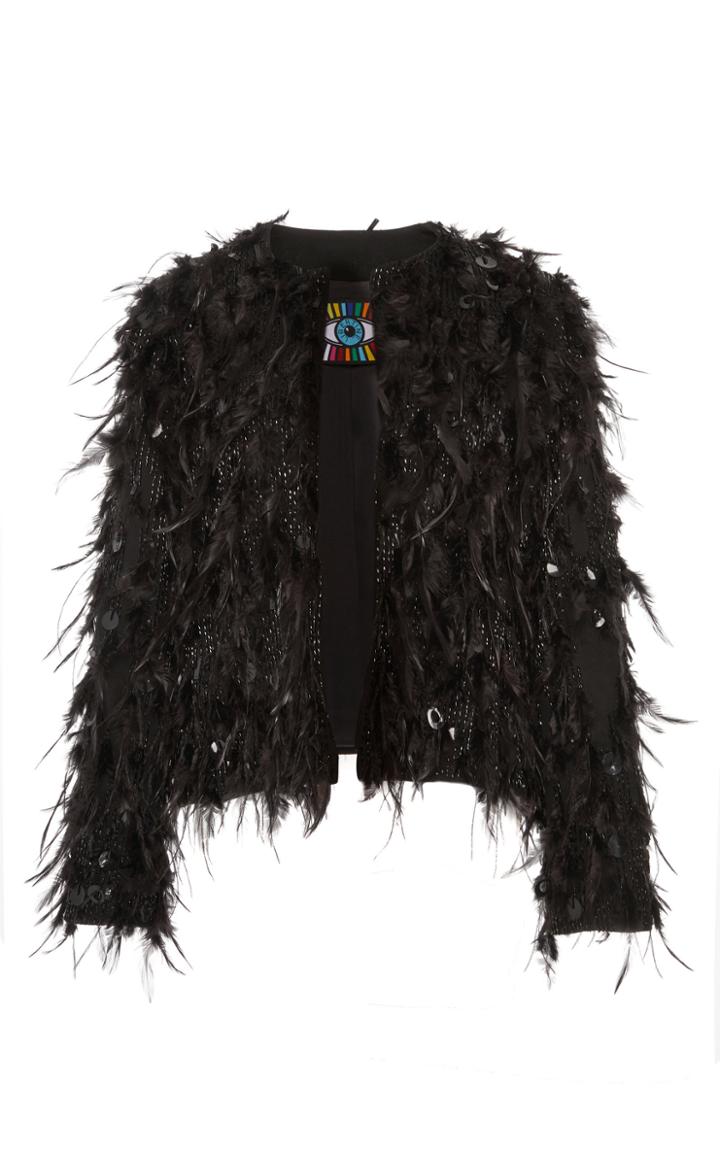 Libertine Black Feathers And Beads Collarless Jacket
