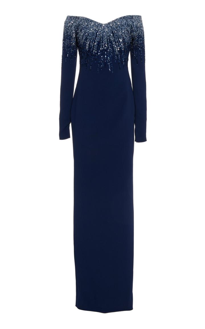 Pamella Roland Off-the-shoulder Sequin Embroidered Crepe Gown