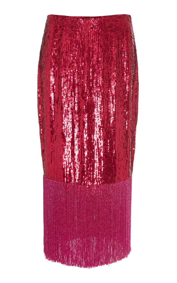 Sally Lapointe Fringe-hem Sequin Embroidered Pencil Skirt