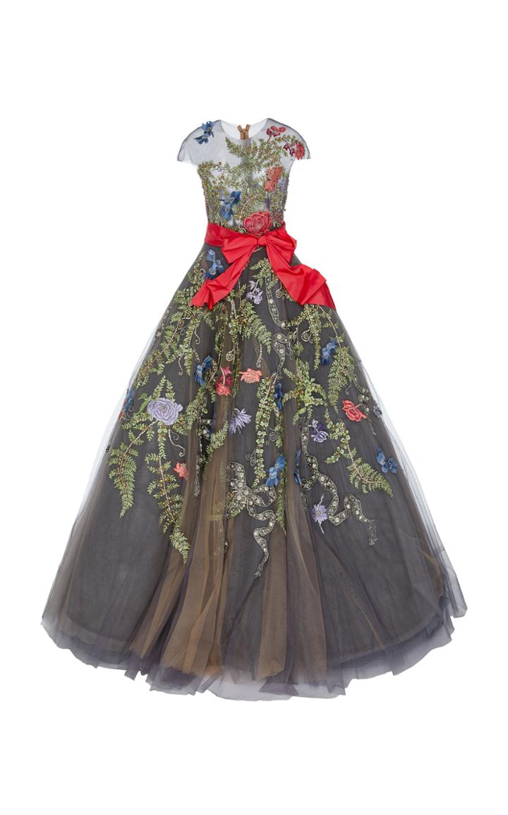 Marchesa Embellished Embroidery Organza Cap Sleeve Gown