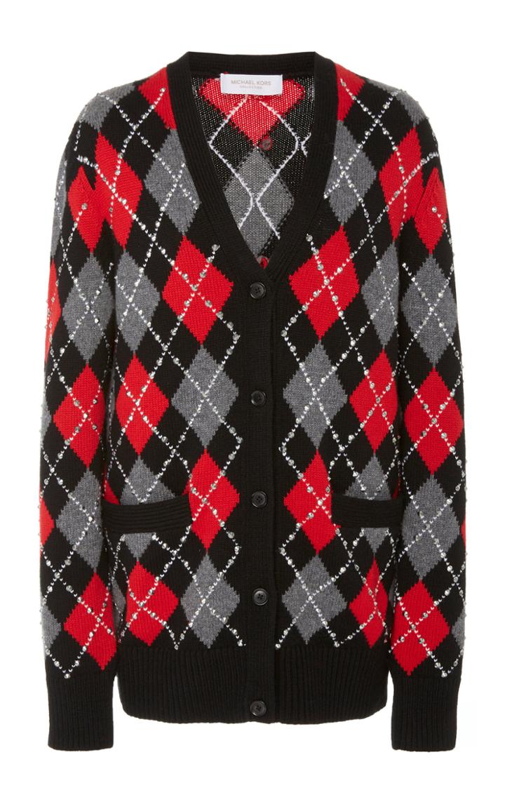 Michael Kors Collection Studded Argyle Cashmere Cardigan
