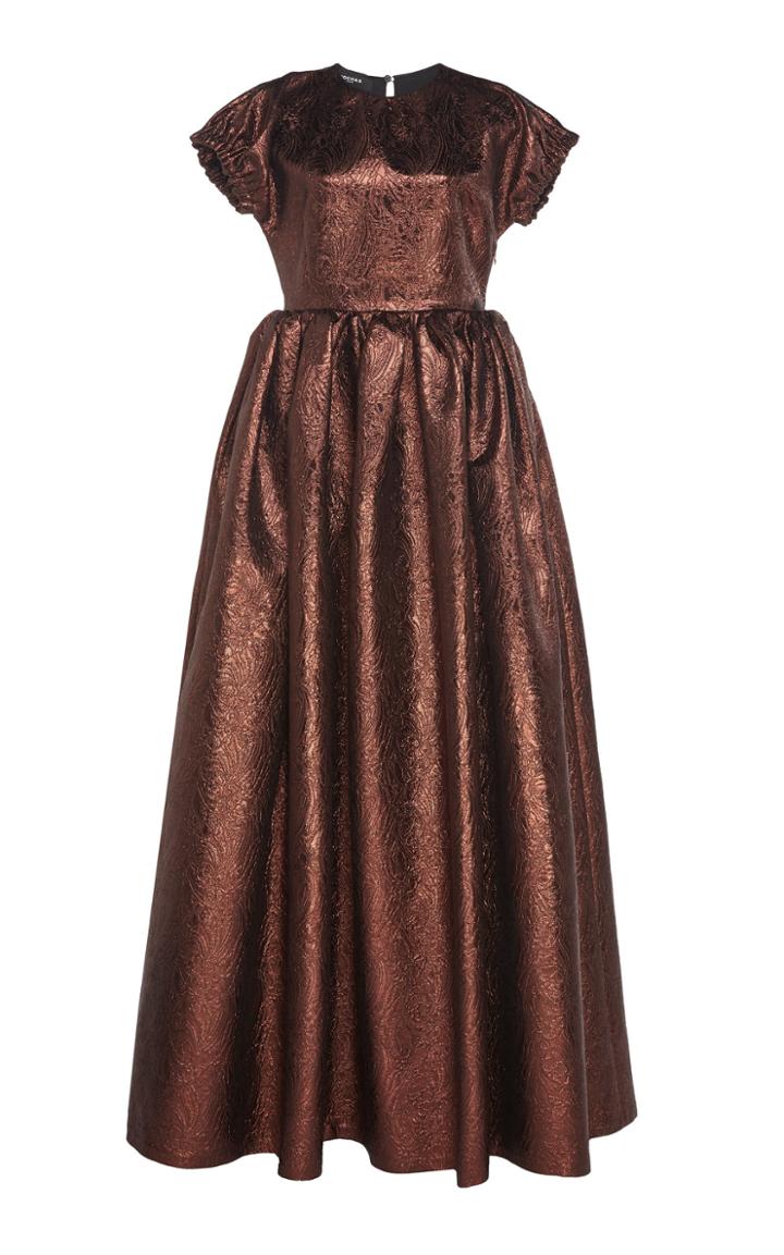Rochas Short Sleeve Metallic Brocade Gown