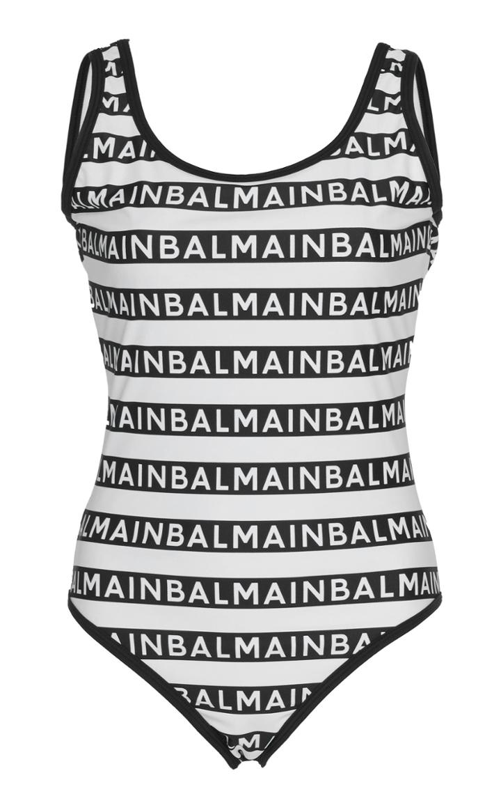 Balmain Striped Logo-intarsia Stretch-knit Swimsuit