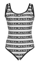 Balmain Striped Logo-intarsia Stretch-knit Swimsuit