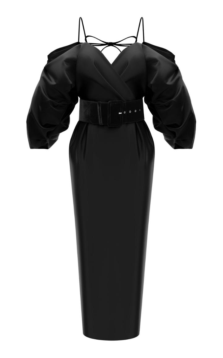 Rasario Satin Midi Dress With Voluminous Top