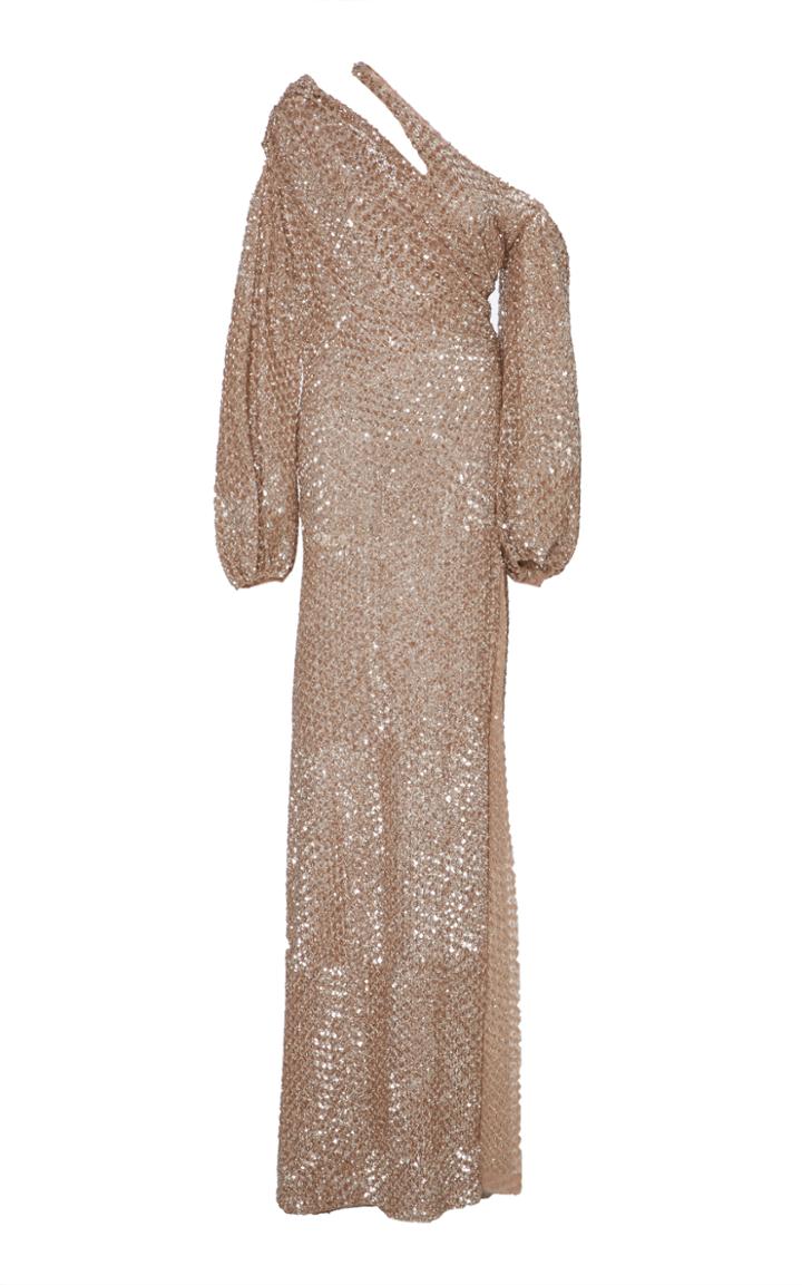 Jonathan Simkhai Dimensional Sequin One Shoulder Long Sleeve Gown