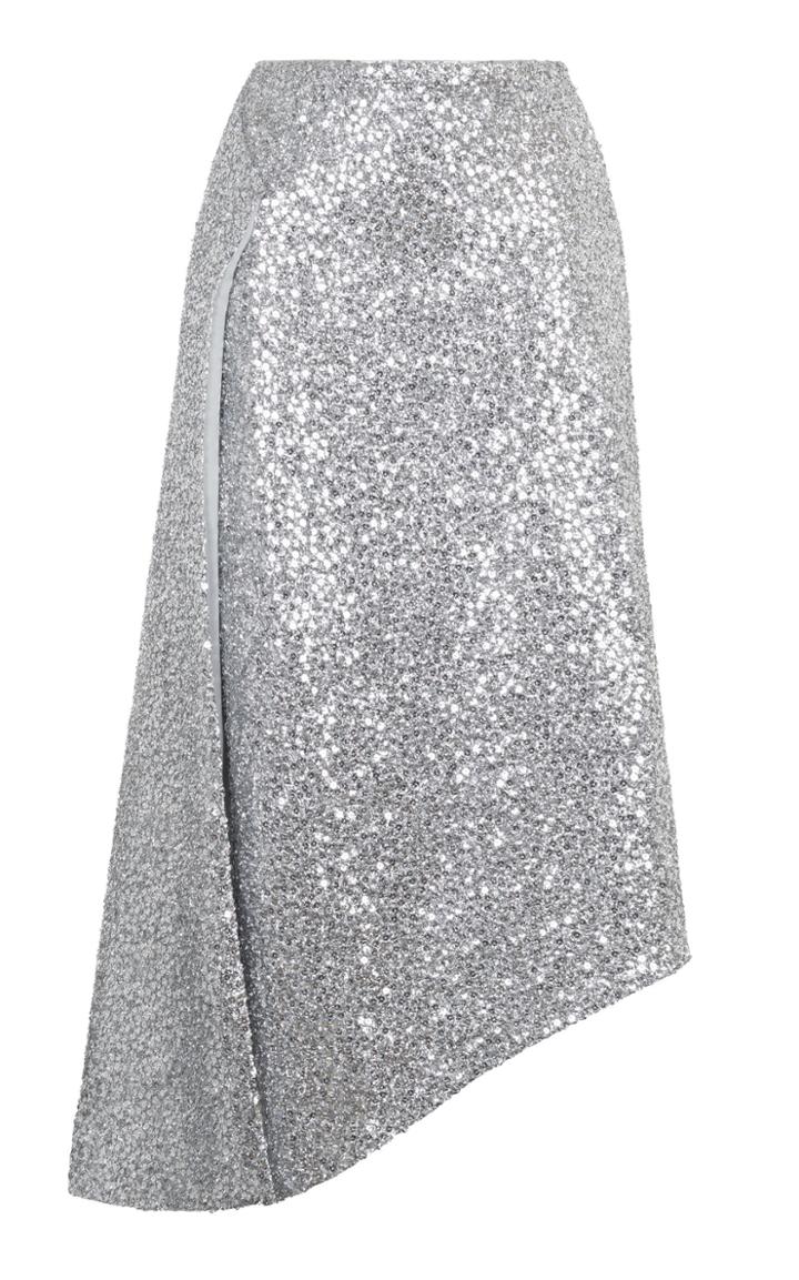 Rasario Silver Sequin Midi Skirt